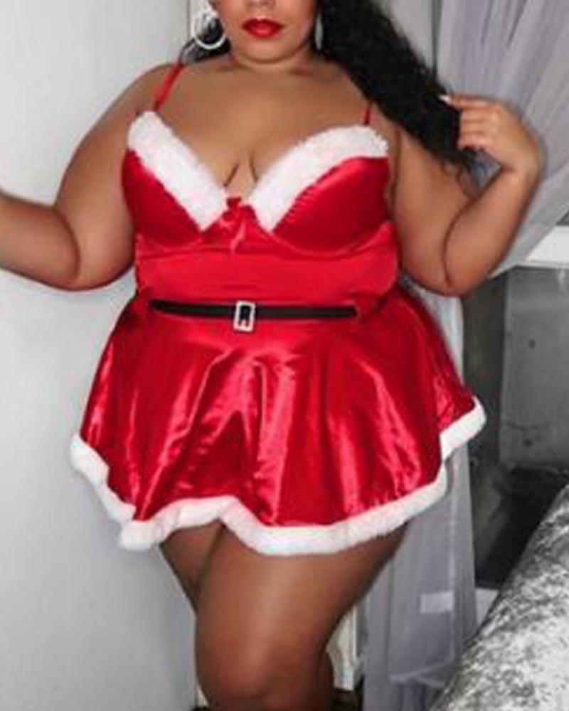 

Plus Size Christmas Fuzzy Trim Babydoll, Red