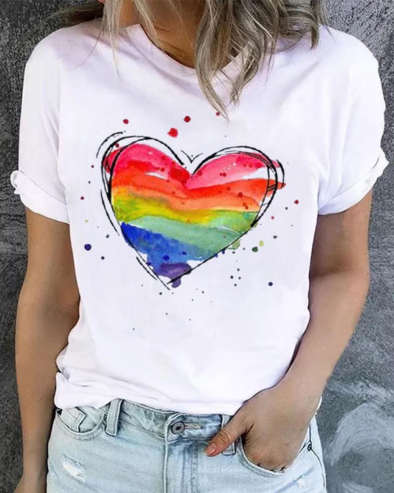 

Pride Month Rainbow Heart Print Round Neck T-shirt, White