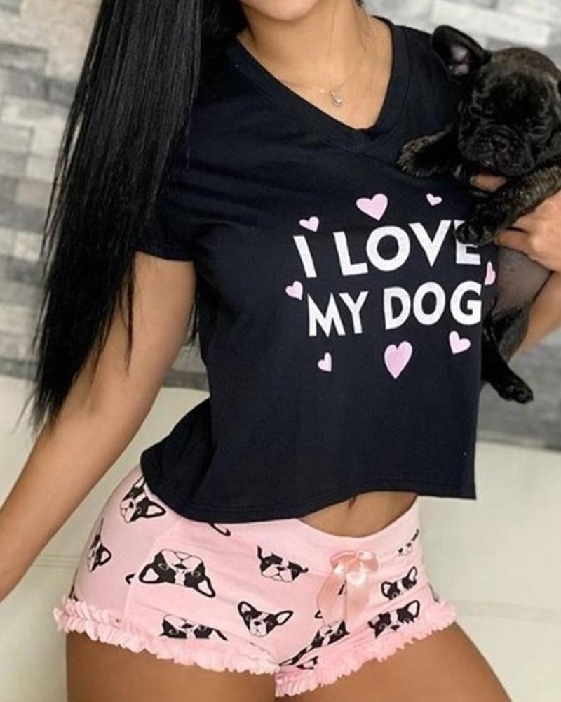 

Letter Heart Print Frill Hem Pajamas Set, Black