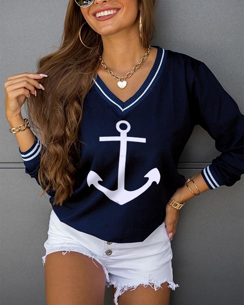 

Boat Anchor Print V-Neck Long Sleeve Sweatshirt, Purplish blue