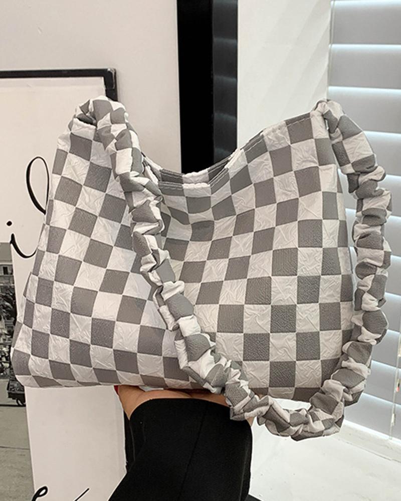 

Plaid Ruched Large Capacity Tote Bag, White