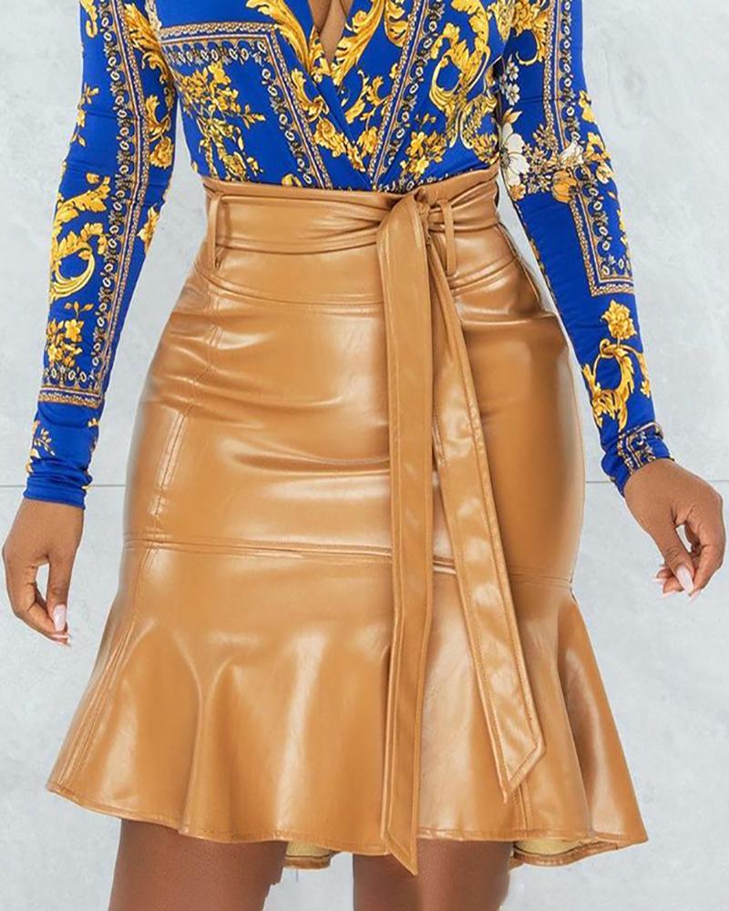 

PU Leather Ruffles Skirt With Belt, Khaki