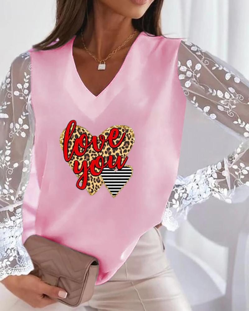

Cheetah Striped Letter Heart Print Lace Long Sleeve Top, Pink