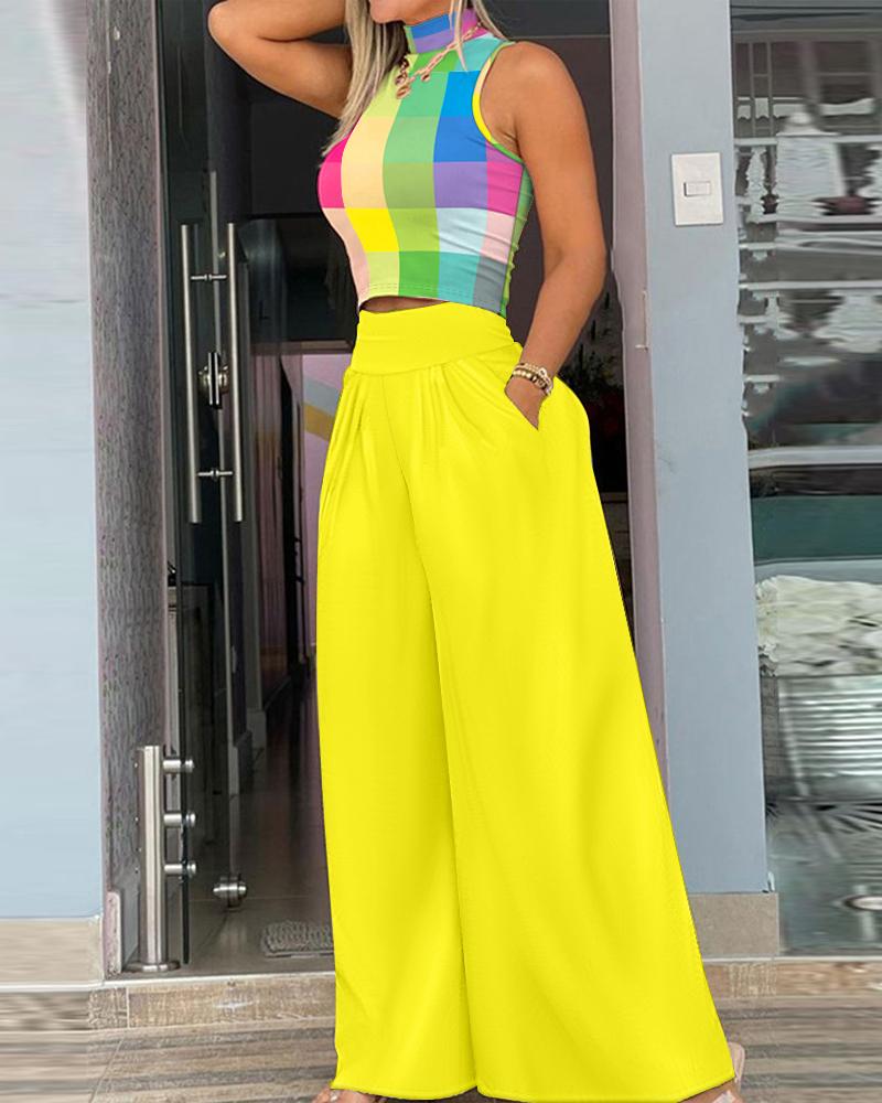 

Colorful Plaid Print Mock Neck Top & Wide Leg Pants Set, Yellow