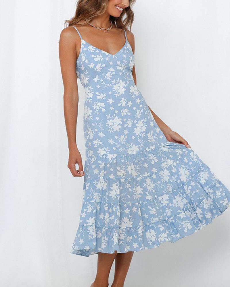 

Floral Back Lace-up Midi Dress, Blue