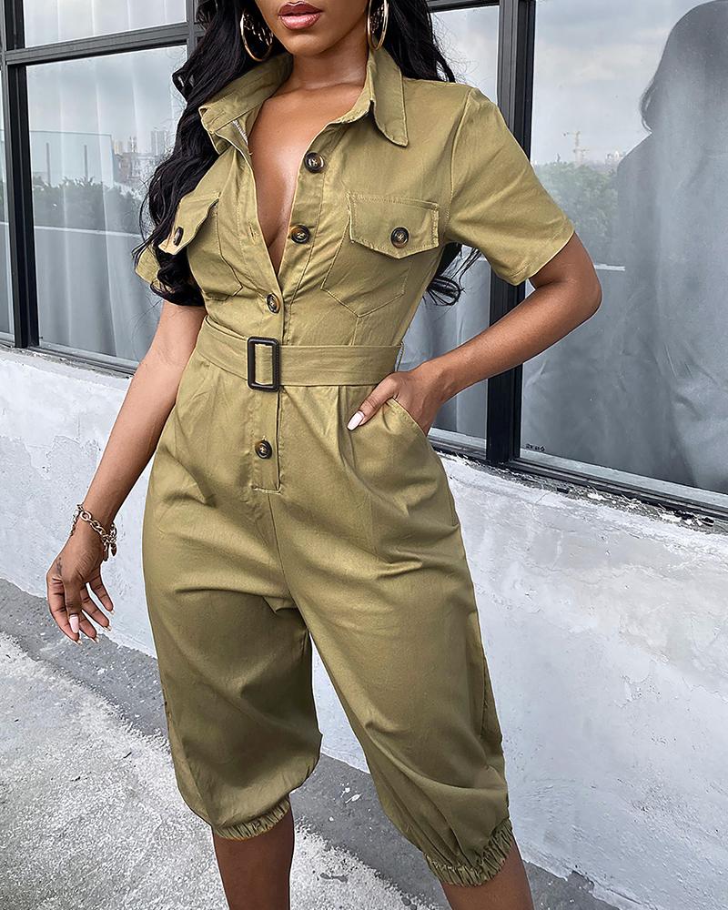 

Solid Button Front Flap Detail Belted Jumpsuit, Khaki