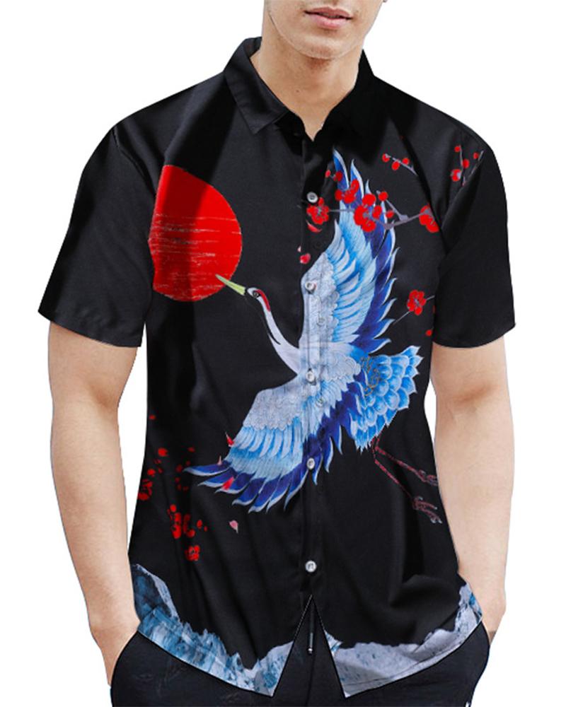 

Cartoon Crane Print Short Sleeve Button-up Shirts, Multicolor