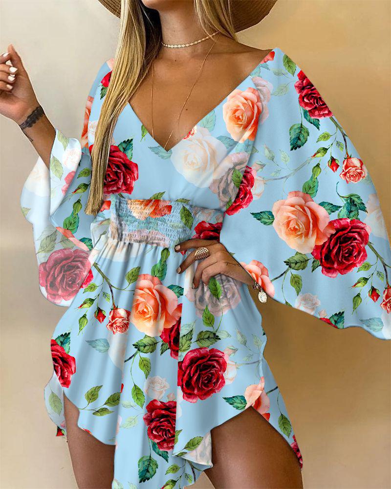 

Robe froncée à imprimé floral et col en V, Multicolor