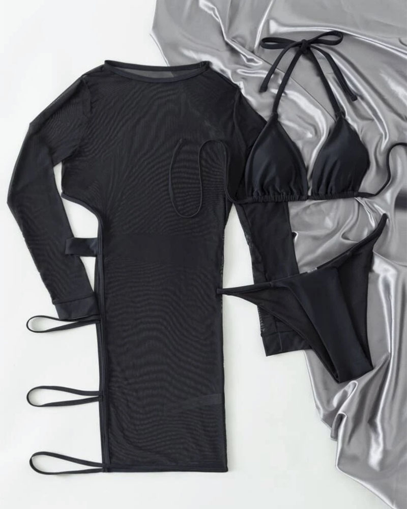 

3PCS Halter Bikini Set With Ladder Cutout Sheer Mesh Cover Up, Black