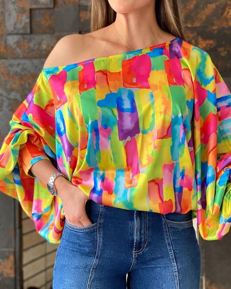 

All Over Print One Shoulder Long Sleeve Blouse, Multicolor