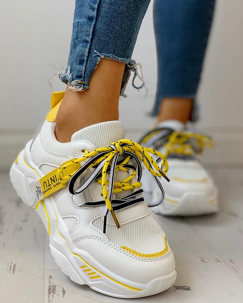 

Platforms Lace-Up Breathable Casual Sneakers, Yellow