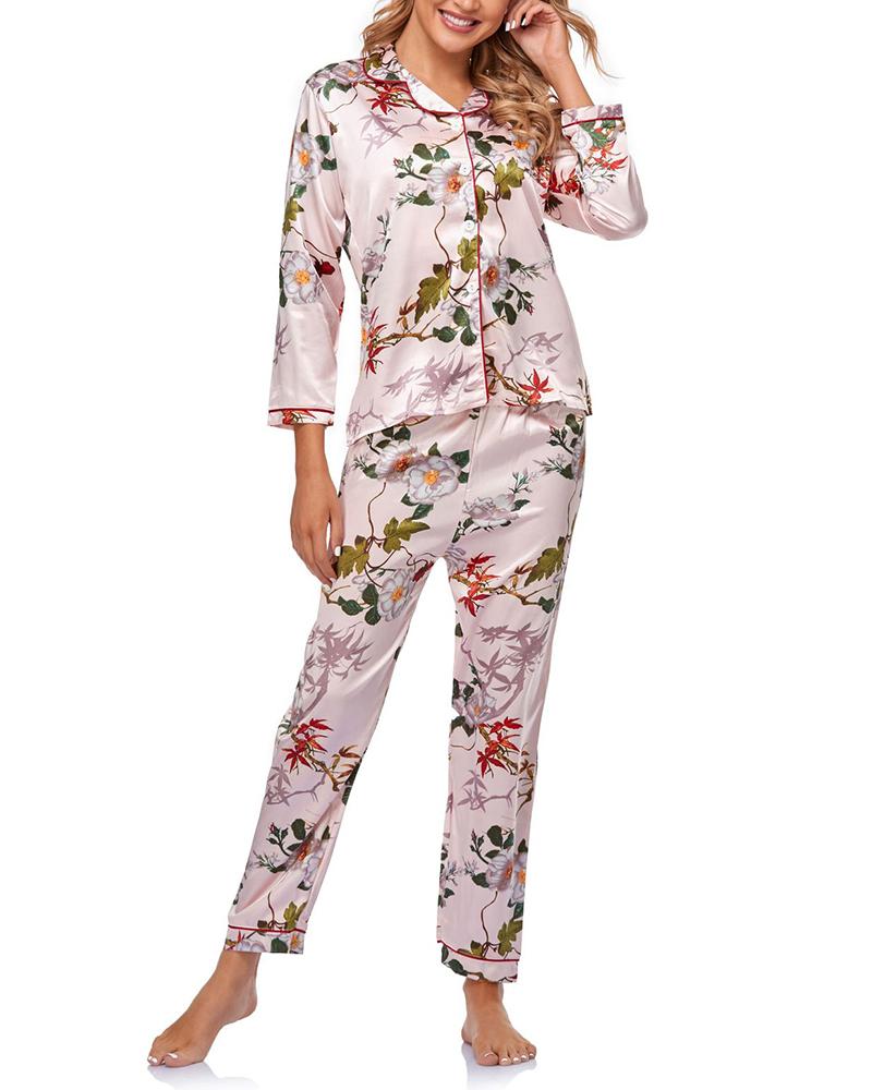 

Cheetah / Floral Print Long Sleeve Satin Pajamas Set, Pink