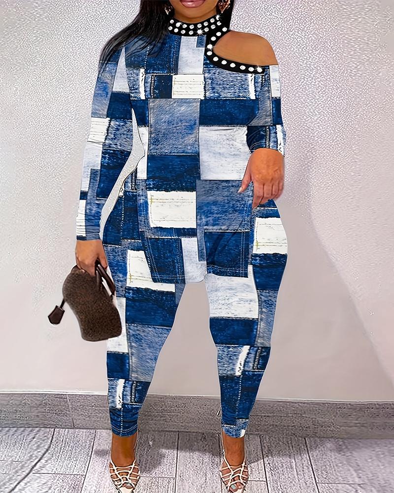 

Plus Size Denim Look Print Cold Shoulder Faux Pearls Decor Top & Pants Set, Blue