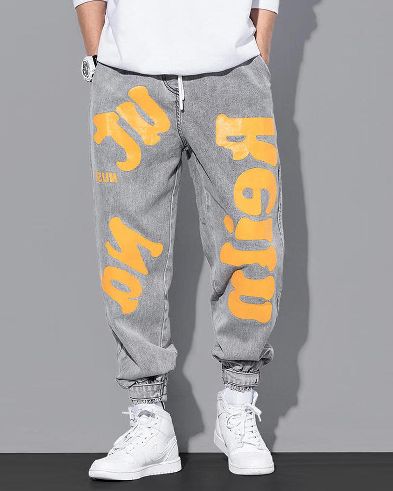 

Letter Print Baggy Harem Pants, Gray