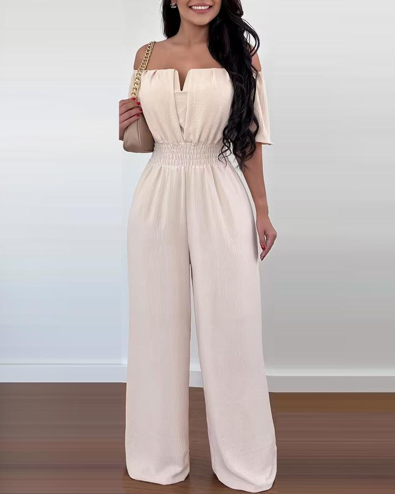 

Off Shoulder Shirred Waist Jumpsuit, Apricot
