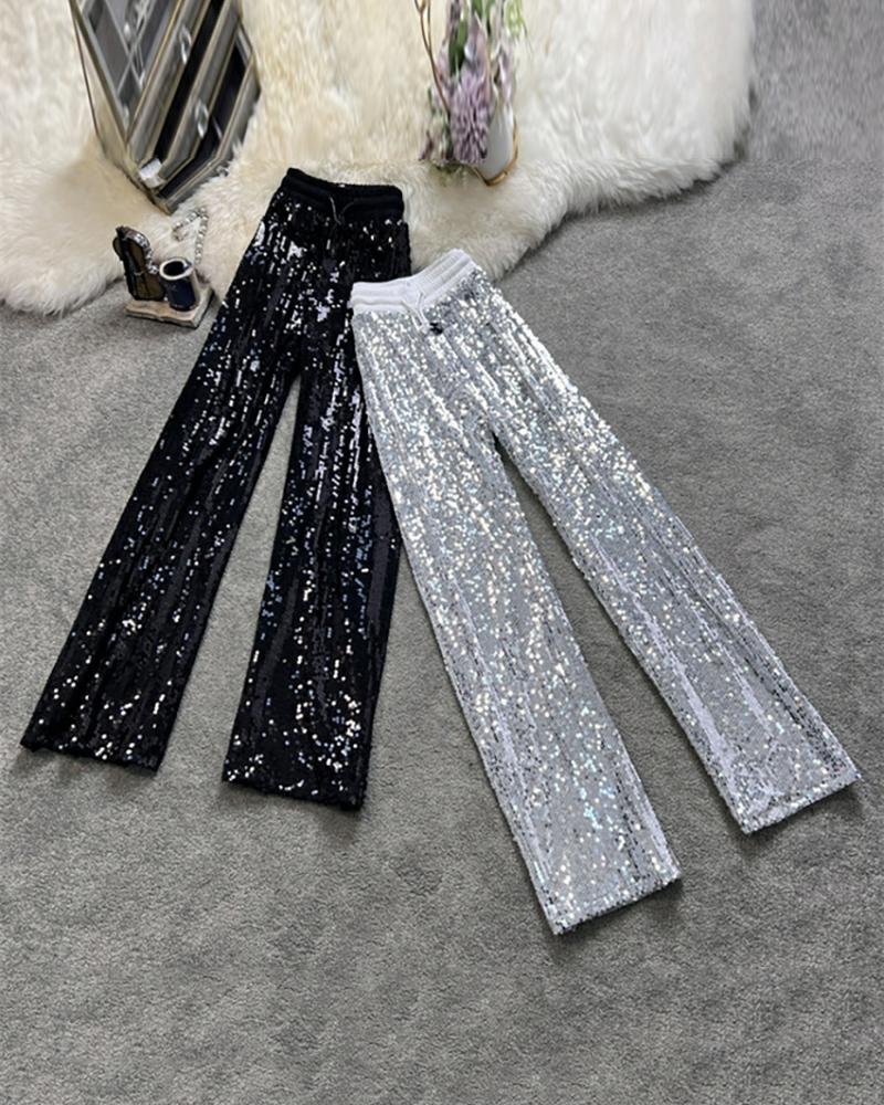 

Drawstring Wide Leg Sequin Pants, Silver