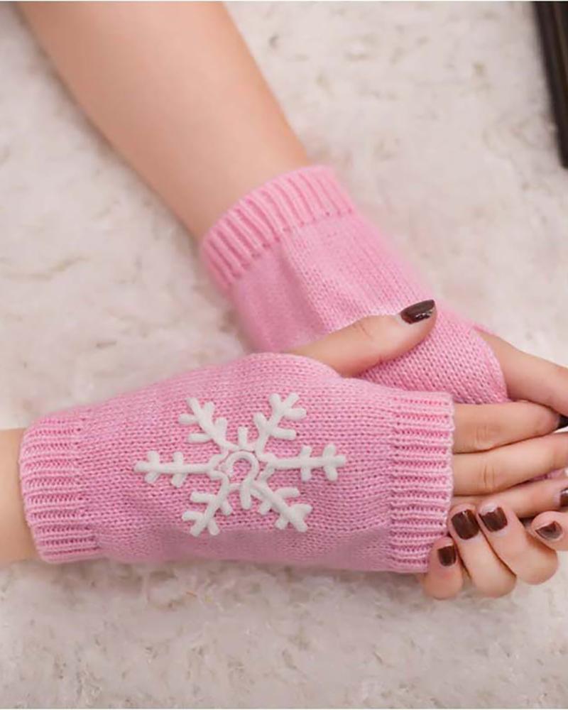 

1Pair Christmas Snowflake Embroidery Fingerless Gloves, Pink