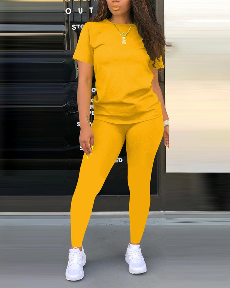 

Plus Size Plain Casual T-shirt & Pants Set, Yellow