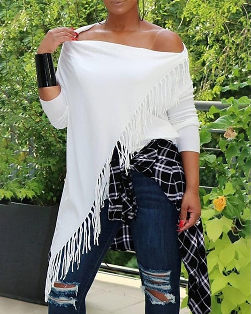 

Cold Shoulder Tassel Design Asymmetrical Top, White