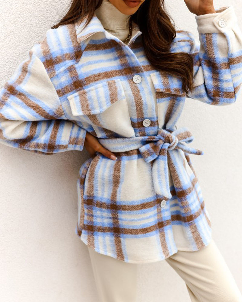 

Plaid Print Flap Detail Button Down Belted Shacket, Blue