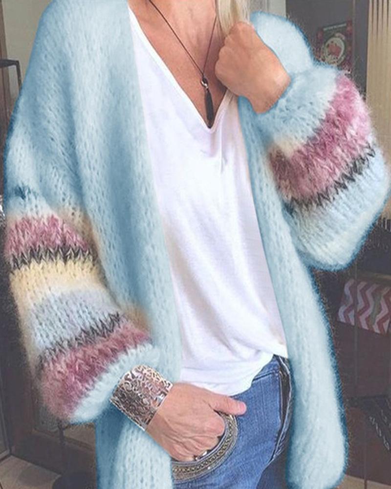 

Knit Colorblock Striped Print Lantern Sleeve Cardigan, Light blue