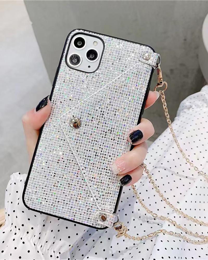 

Rhinestone Card Holder iPhone Case With Chain, Silver