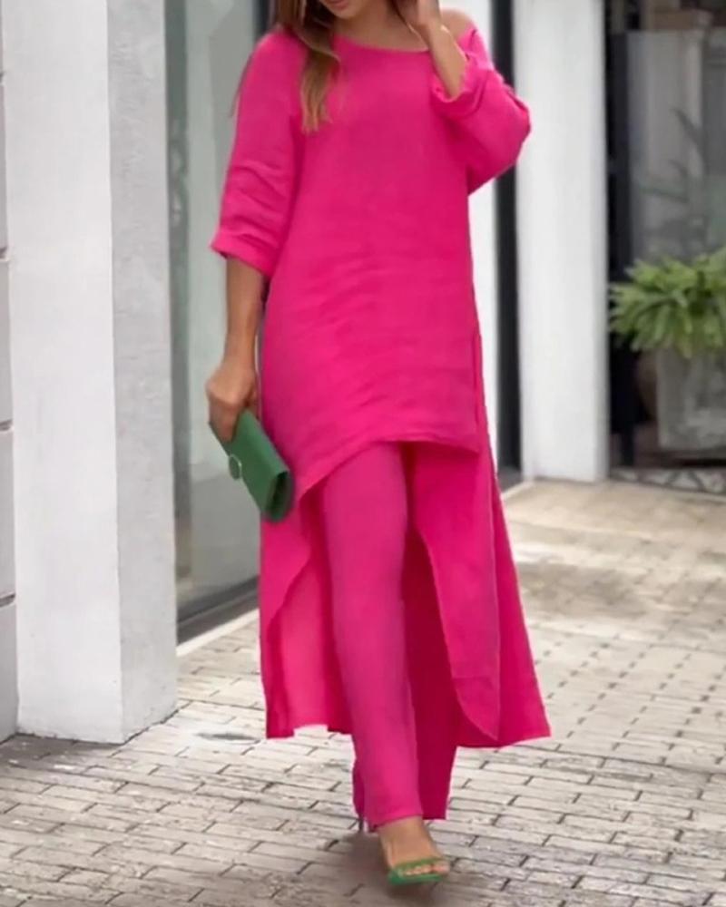 

Dip Hem Longline Top & Pants Set, Hot pink