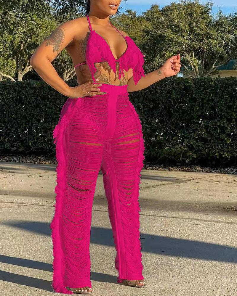 

Fringe Trim Halter Crop Top & Cover Up Pants Set, Hot pink