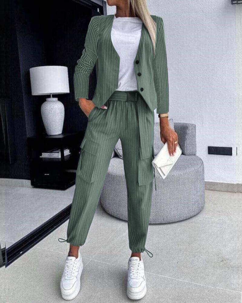 

Striped Asymmetrical Coat & Cuffed Pants Set, Green