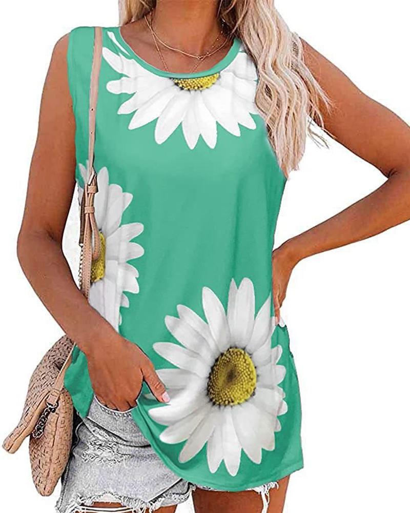 

Daisy Print Casual Tank Top, Green