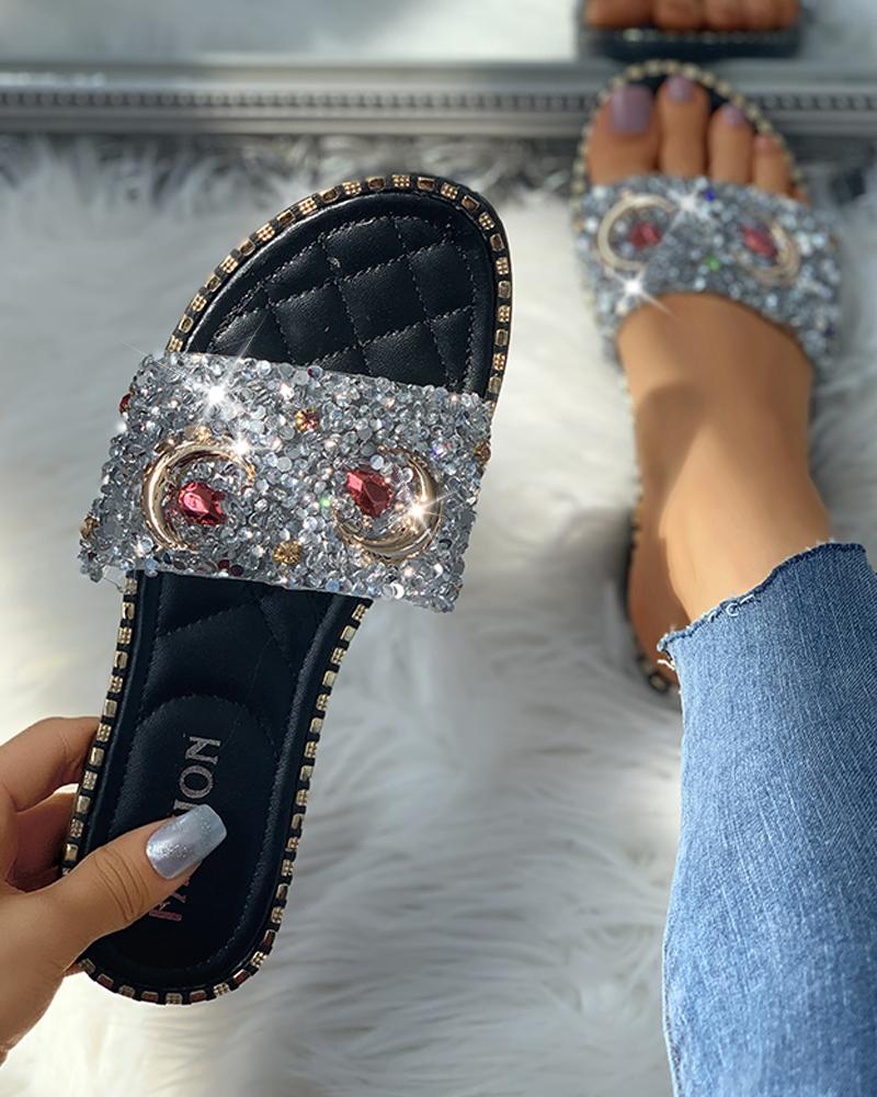 

Rhinestone Star Moon Pattern Open Toe Flat Slippers, Silver