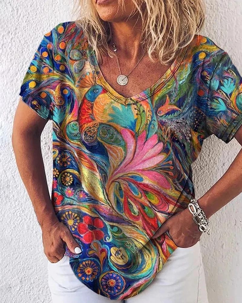 

Peacock Print V-Neck Short Sleeve T-shirt, Multicolor