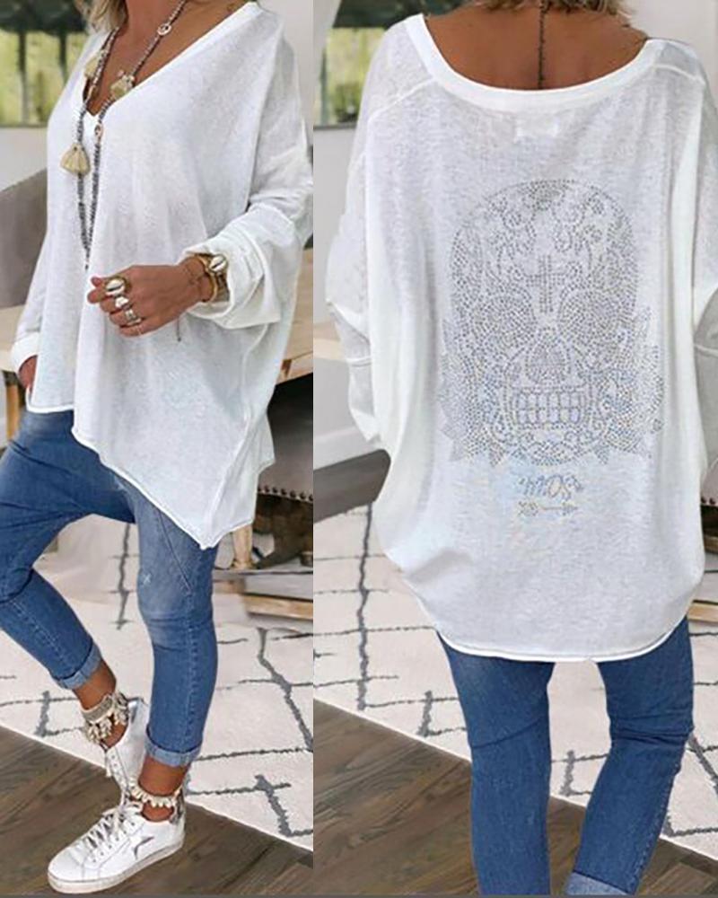 

Studded Skull Pattern Long Sleeve Top, White