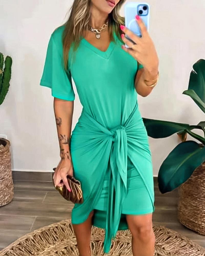 

Short Sleeve V-Neck Tied Detail Casual Dress, Green