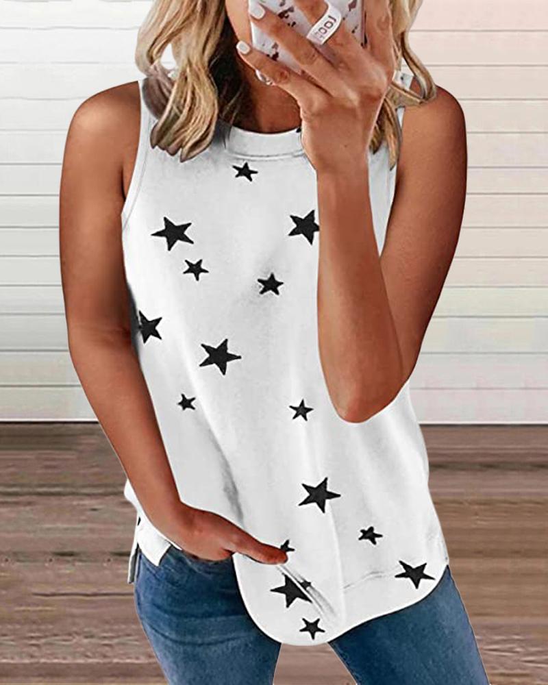 

Star Print Round Neck Casual Tank Top, White