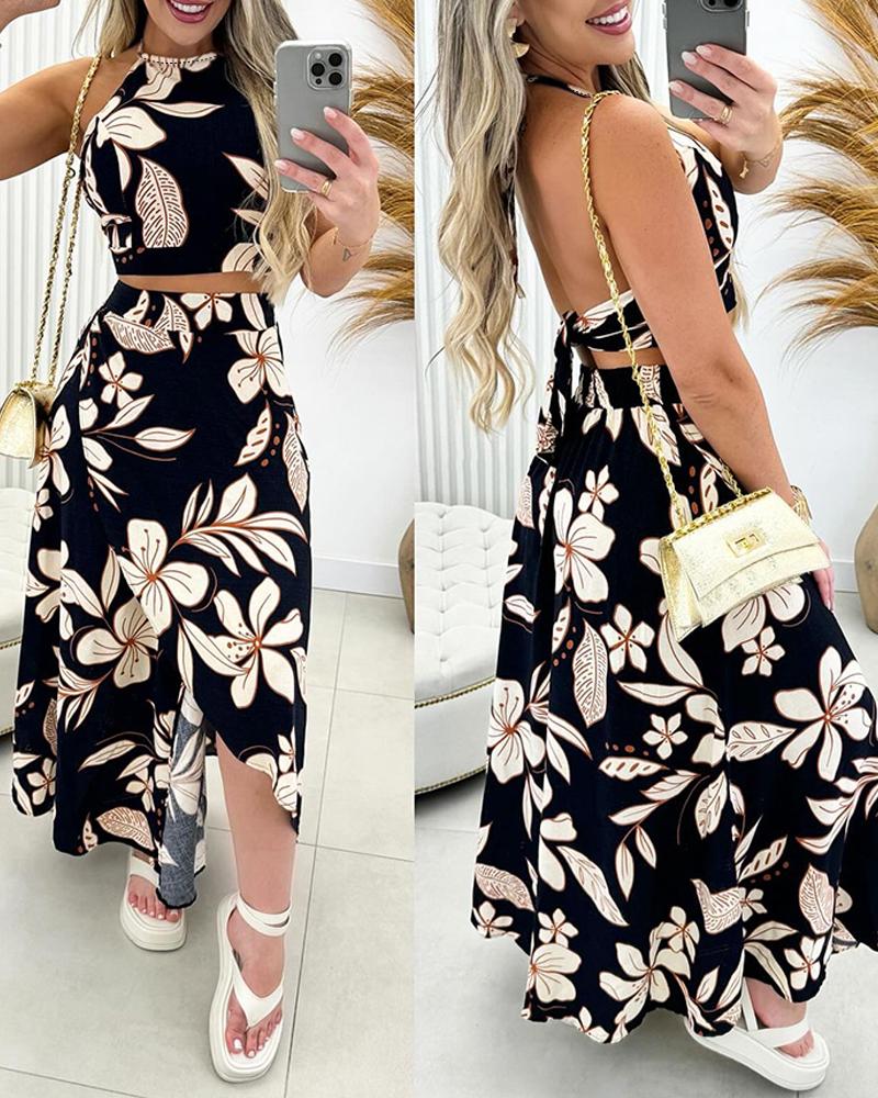 

Floral Print Halter Backless Top & Slit Skirt Set, Black