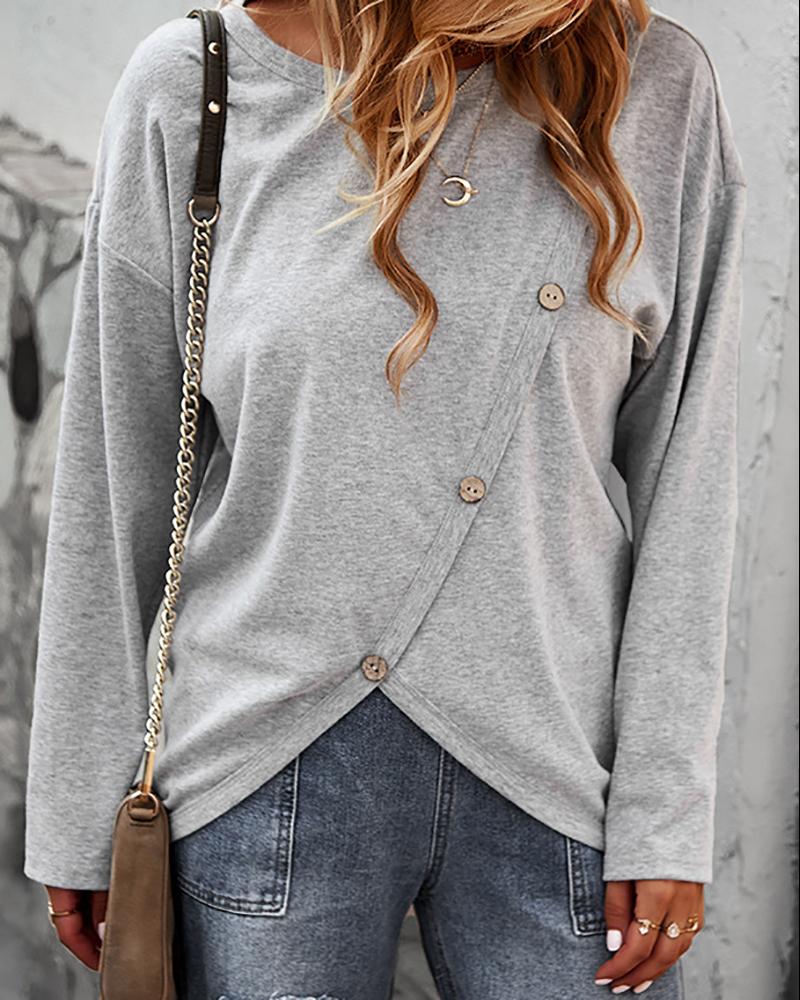 

Button Design Long Sleeve Casual T-Shirt, Gray