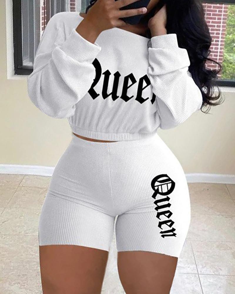 

Letter Embroidery Ribbed Crop Top & Shorts Set, Blue