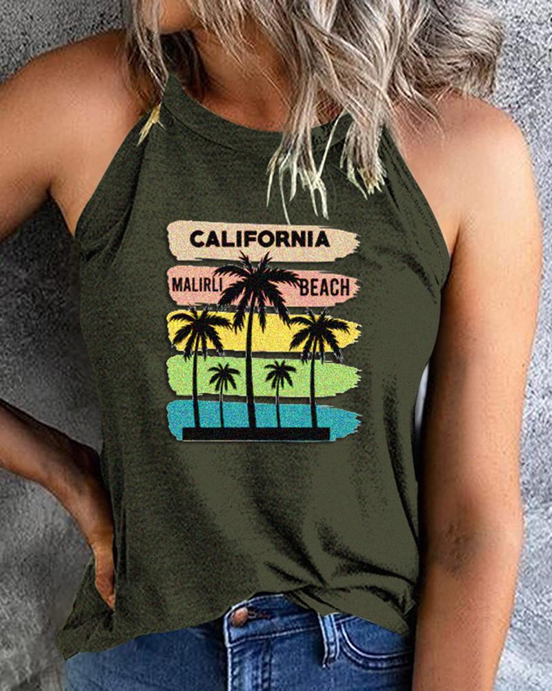 

Landscape Coconut Tree Letter Print Graphic Tee Round Neck Vest Tank Top, Green