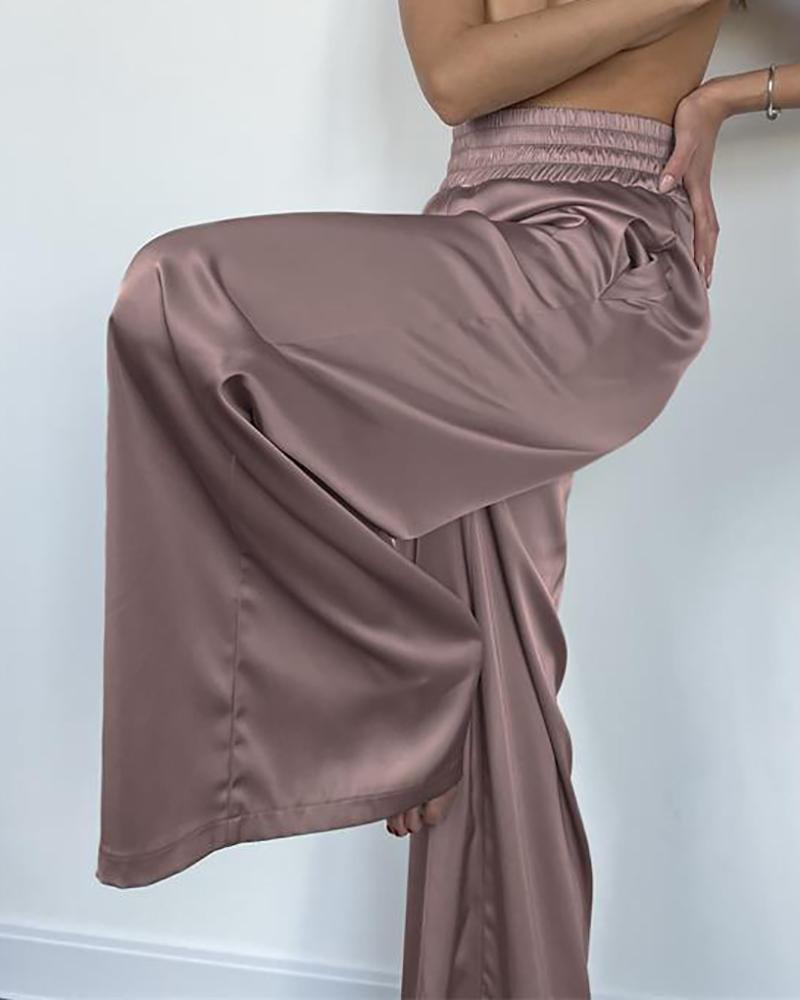 

High Waist Pocke Design Satin Wide Leg Pants, Khaki
