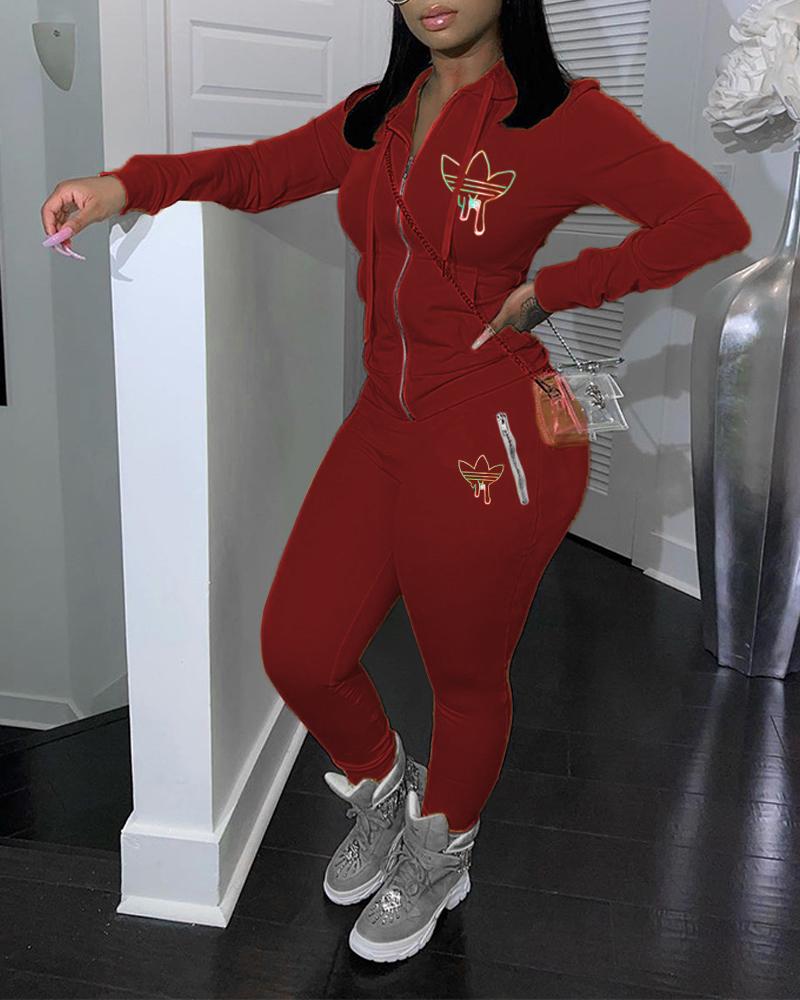 

Graphic Print Hooded Zip Up Top & Pants Set, Red