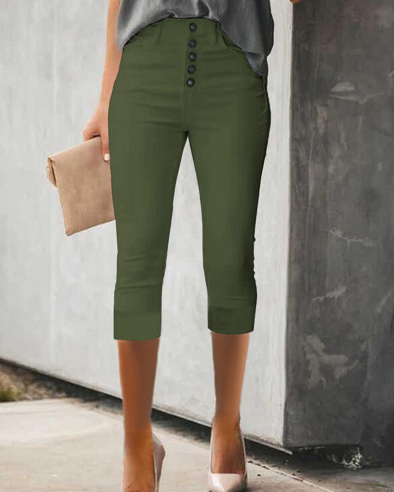 

Button Front High Waist Capris Pants, Army green