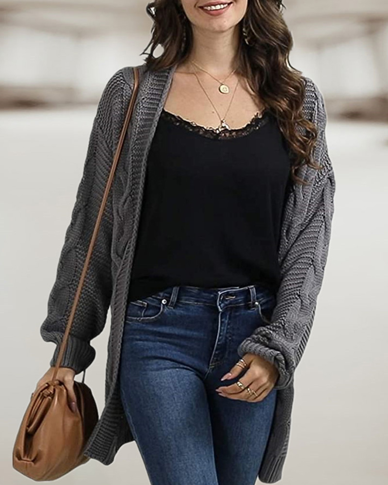 

Braided Knit Long Sleeve Cardigan, Gray