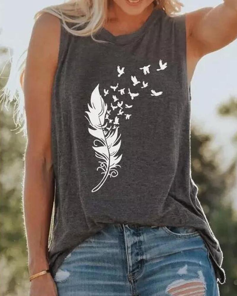 

Feather Print Round Neck Sleeveless Tank Top, Gray