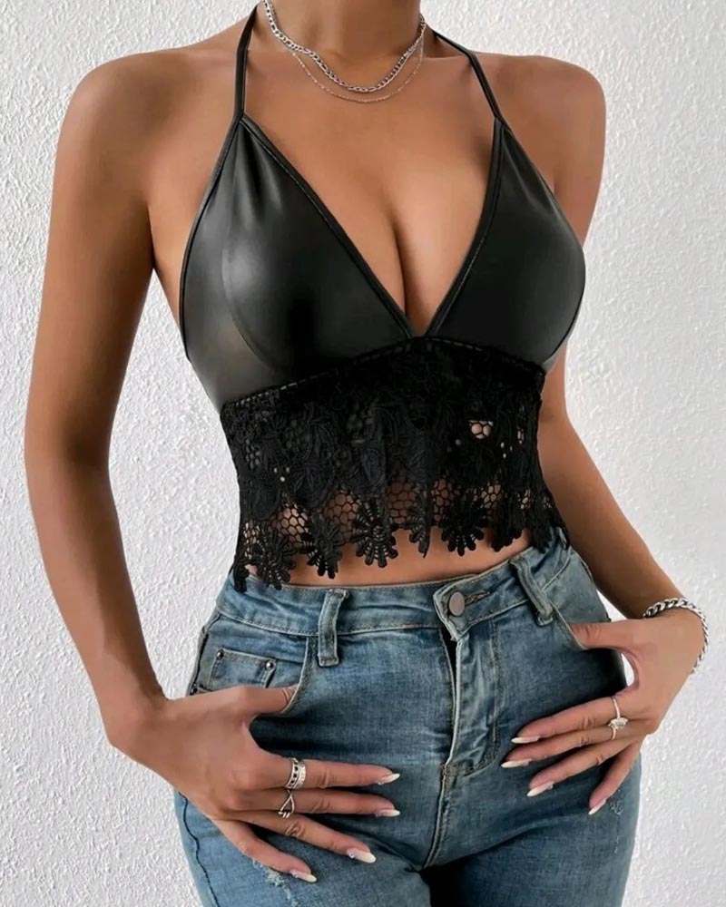 

Contrast Lace Halter Backless PU Leather Crop Top, Black