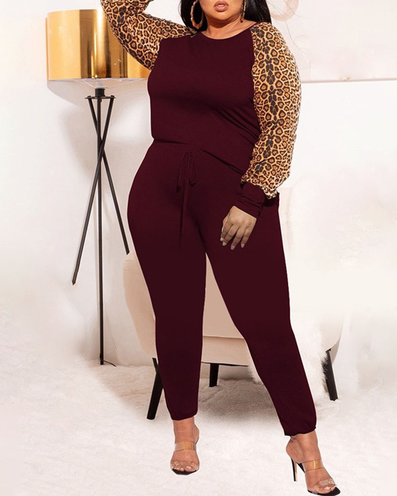 

Plus Size Leopard Print Long Sleeve Top & Pants Set, Wine red