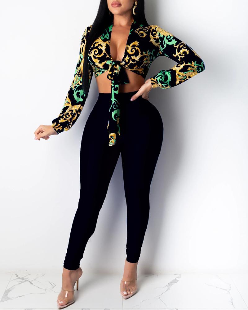 

Graphic Print Tie Front Crop Top & Plain Pants Set, Black