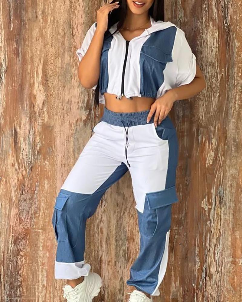 

Colorblock Patchwork Crop Top & Pants Set, White