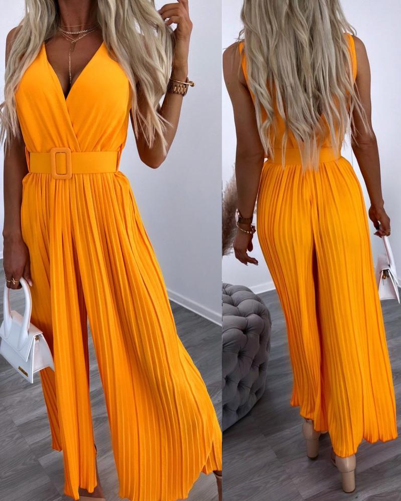 

V-Neck Wide Leg Pleated Jumpsuit, Orange