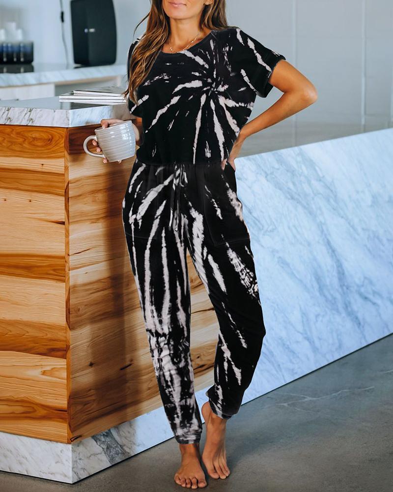 

Tie Dye Print Short Sleeve Women Top & Pants Set, Black